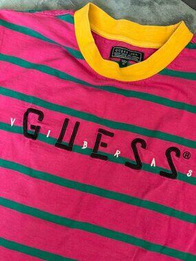 GUESS x J Balvin Vibras Striped Embroidered T-Shirt Pink Green XS